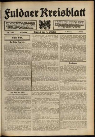 Erste Ausgabe vom Mittwoch, den 09. Oktober 1912.