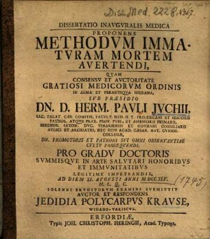 Dissertatio Inavgvralis Medica Proponens Methodvm Immatvram Mortem Avertendi