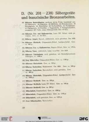 D. Silbergeräte und französische Bronzearbeiten (Nr. 201-238)
