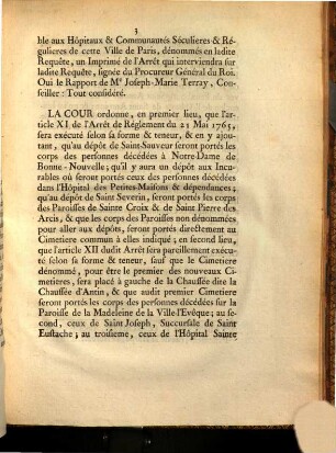 Arrest De La Cour De Parlement : Du trois Septembre 1765.