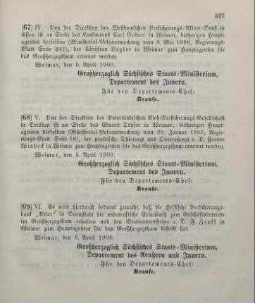 67. Ministerial-Bekanntmachung, betreffend Wechsel in der Hauptagentur der "Westdeutschen Versicherungs-Aktien-Bank" in Essen