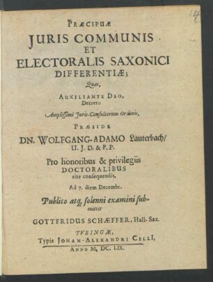 Praecipuae Iuris Communis Et Electoralis Saxonici Differentiae