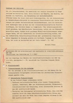 [B65]: Briefwechsel mit dem Schriftstellerverband der DDR - Berzirksvorstand Halle : Richtlinie für die Mitgliedschaft und Kandidatur im Schriftstellerverband der DDR (beschlossen vom Präsidium am 17.1.1985)