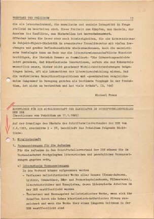 [B65]: Briefwechsel mit dem Schriftstellerverband der DDR - Berzirksvorstand Halle : Richtlinie für die Mitgliedschaft und Kandidatur im Schriftstellerverband der DDR (beschlossen vom Präsidium am 17.1.1985)