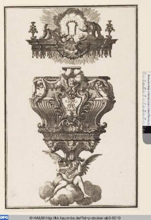 Kanzel von Engel getragen mit Monogramm und Baldachin