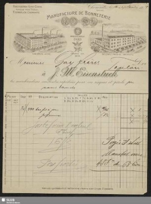J. M. Eisenstuck, manufacture de bonneterie, Chemnitz, Saxe : facture