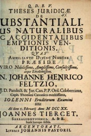 Theses iur. de substantialibus, naturalibus ac accidentalibus emptionis venditionis
