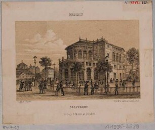 Ansicht des Vierten Belvedere (1842–1945) auf der Brühlschen Terrasse (Brühlscher Garten) in Dresden, Blick auf die Hauptfassade nach Südosten