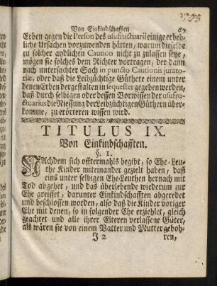 67-76, Titulus IX. Von Einkindschafften. - Titulus X. Von Antrettung der Erbschafften und dem Beneficio Inventarii.
