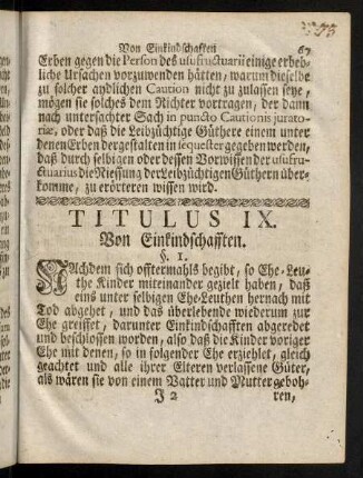 67-76, Titulus IX. Von Einkindschafften. - Titulus X. Von Antrettung der Erbschafften und dem Beneficio Inventarii.
