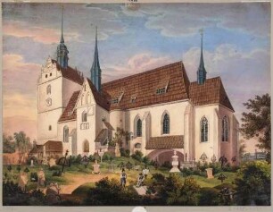 Die Kirche in Briesnitz westlich von Dresden (um 1260, 15. Jh., Turm 1602, vor dem neogot. Umbau durch Möckel 1881/82), Blick vom Friedhof nach Nordwesten