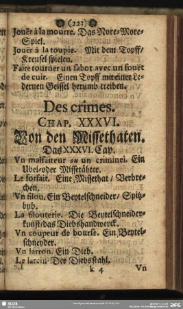 Des crimes. Chap. XXXVI. Von den Missethaten. Das XXXVI. Cap.