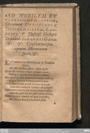 Ad Nobilem et Clarissimum Virum, Dominum Christianum Distelmeyerum, Lamperti F. Illustriß: Electoris Brandenb. Iohannis Georgii, &c. Consiliarium praecipuum, Меcoenatem suum, &c.