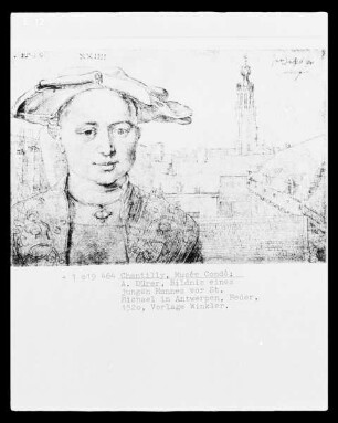 Die niederländische Reise (Das Skizzenbuch mit Silberstiftzeichnungen) — Brustbild eines vierundzwanzigjährigen Mannes; Blick auf Sankt Michael in Antwerpen