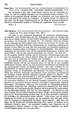786-791, Emil Raimann, Die hysterischen Geistesstörungen. Eine klinische Studie, 1904