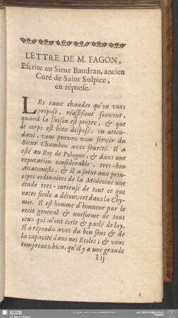 Lettre De M. Fagon, Escrite au Sieur Baudran, ancien Curé de Saint Sulpice, en réponse