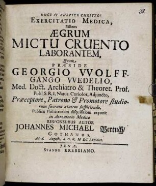 Exercitatio Medica, Sistens Aegrum Mictu Cruento Laborantem
