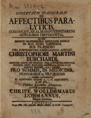 Diss. inaug. de affectibus paralyticis, eorumque ab aliis impotentiarum generibus differentia
