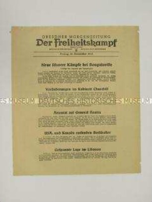 Nachrichtenblatt der sächsischen NSDAP-Zeitung "Der Freiheitskampf" mit Kurzmeldungen von verschiedenen Kriegsschauplätzen u.a. über personelle Veränderungen in der britischen Regierung
