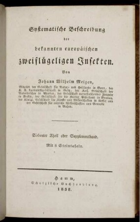 T. 7 [Suppl.bd.],Text: Systematische Beschreibung der bekannten europäischen zweiflügeligen Insekten. Siebenter Theil oder Supplementband,Text