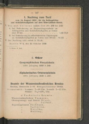 I. Nachtrag zum Tarif vom 14. August 1939 1) für die Schlepplöhne und Schiffahrtsabgaben auf dem Elbe-Lübeck-Kanal.