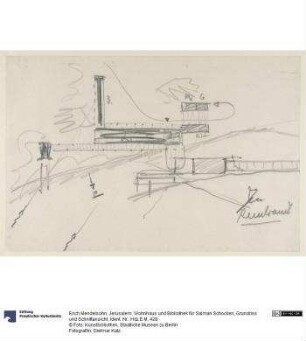 Jerusalem, Wohnhaus und Bibliothek für Salman Schocken, Grundriss und Schnittansicht
