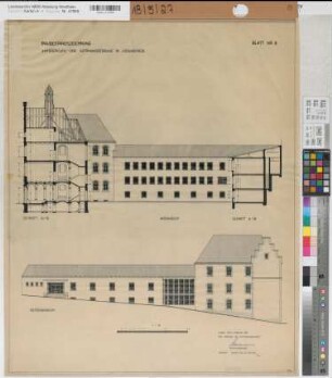 Lüdenscheid, Amtsgericht und Gefängnisgebäude, Schnitt A-B, Hofansicht, Seitenansicht