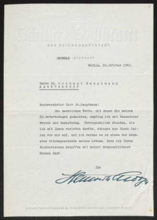 Brief von Heinrich George von Schiller-Theater  an Gerhart Hauptmann