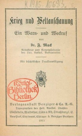 Krieg und Weltanschauung : ein Warn- und Weckruf