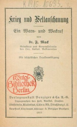 Krieg und Weltanschauung : ein Warn- und Weckruf