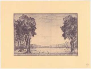 Erweiterungsplanung Volkspark Jungfernheide (Nordostteil), Berlin-Wedding: Perspektivische Ansicht mit Blick über die große Speilwiese auf die Waldschenke (von Nordost in die erweiterte Mittelachse), Stempel