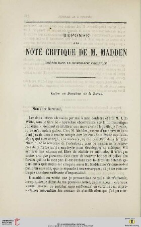 N.S. 13.1866: Réponse à la note critique de M. Madden insérée dans le Numismatic Chronicle