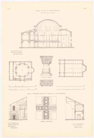Hagios Sergios, Konstantinopel: Querschnitt, Grundriss, Details (aus: Altchristl. u. roman. Baukunst, hrsg. v. Zeichenaussch. d. Stud. d. TH Berlin, 1875)
