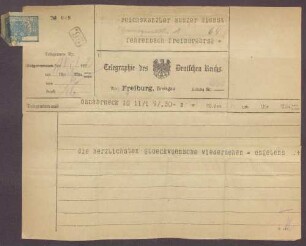 Glückwunschtelegramm zum 70. Geburtstag für Constantin Fehrenbach von Engelens, Osnabrück