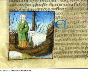 Europa mit dem Stier. Miniatur und Text, Blatt 15v : Europa mit dem Stier. Miniatur und Text, Blatt 15v. Pergament; 45 x 40 mm (Miniatur). Aus: Boccaccius, Johannes: De mulieribus claris. Bourges: L. V. 15. Jh. Dresden: SLUB Mscr.Dresd.F.171.b