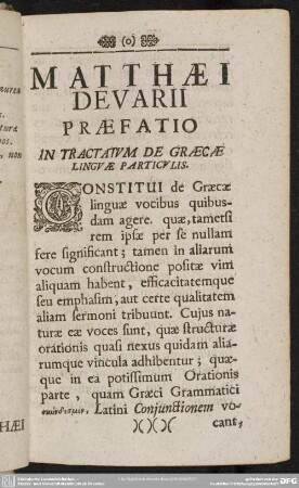 Matthaei Devarii Praefatio In Tractatum De Graecae Linguae Particulis