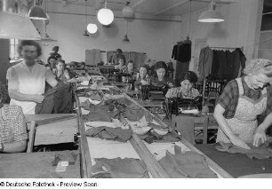 Industrienäherinnen an Naumann-Nähmaschinen in der Deutschen Handelszentrale Leder