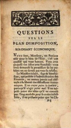 Questions Proposées Par M. L'Abbé Baudeau, A M. Richard Des Glannieres, Sur Son Plan D'Imposition, Soi-Disant Économique