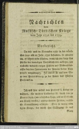 Nachrichten vom Russisch-Türkischen Kriege vom Jahr 1736 bis 1739