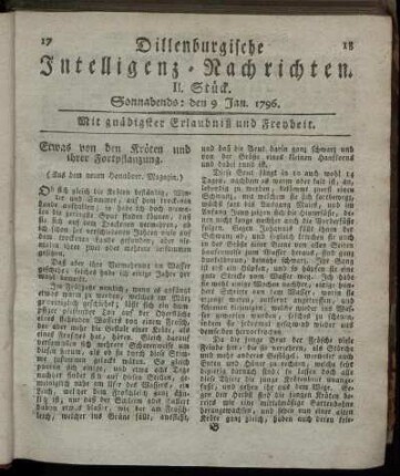 II. Stück. Sonnabends: den 9. Jan. 1796.