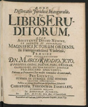 Dissertatio Iuridica Inauguralis, De Libris Eruditorum