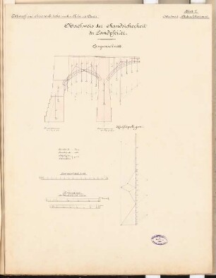 Straßenbrücke Köln-Deutz Schinkelwettbewerb 1892: Landpfeiler. Nachweis der Standsicherheit: Schnitt, Kräftepläne 1:100