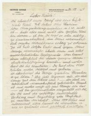 Brief von George Grosz an Raoul Hausmann. Berlin. Anbei eine Zeichnung mit Anmerkungen von George Grosz.
