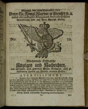 No. 39. Montags, den 25ten September 1752.