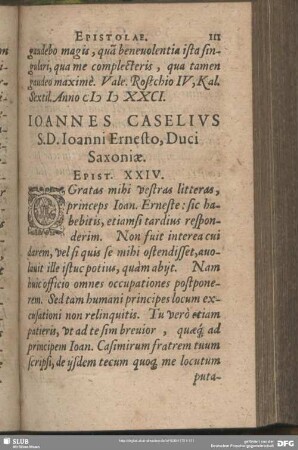 Joannes Caselius S. D. Joanni Ernesto, Duci Saxoniae. Epist. XXIV.