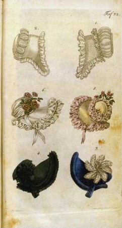 Biedermeier Mode aus: Journal für Literatur, Kunst, Luxus und Mode, Bd. 33, Jg. 1818 — Tafel 32: Damenhüte