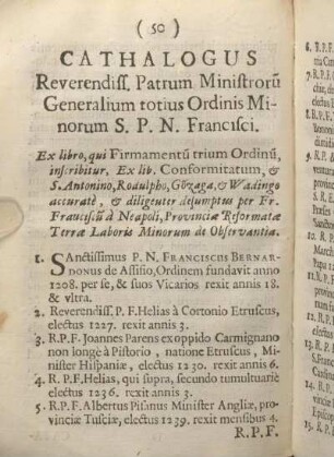 Cathalogus Reverendiss. Patrum Ministroru[m] Generalium totius Ordinis Minorum S. P. N. Francisci.