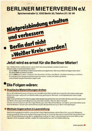 Flugschrift: Mietpreisbindung erhalten und verbessern. Berlin darf nicht "weißer Kreis" werden
