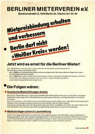 Flugschrift: Mietpreisbindung erhalten und               verbessern. Berlin darf nicht "weißer Kreis" werden