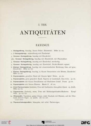 I. Teil: Antiquitäten (Nr. 1-397)